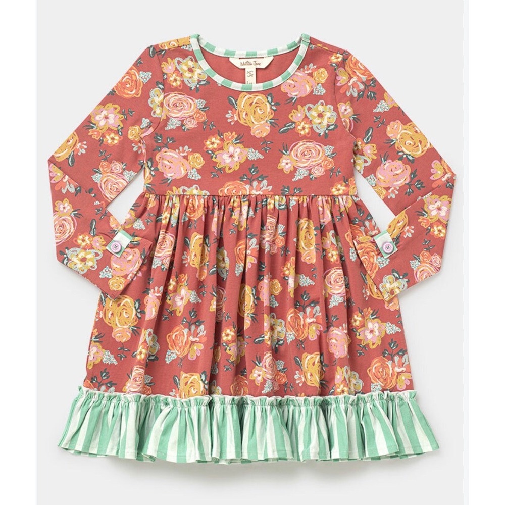 Matilda Jane Wonderment Rosie Posie Floral Ruffle Dress Girls Size 6 Pink Green